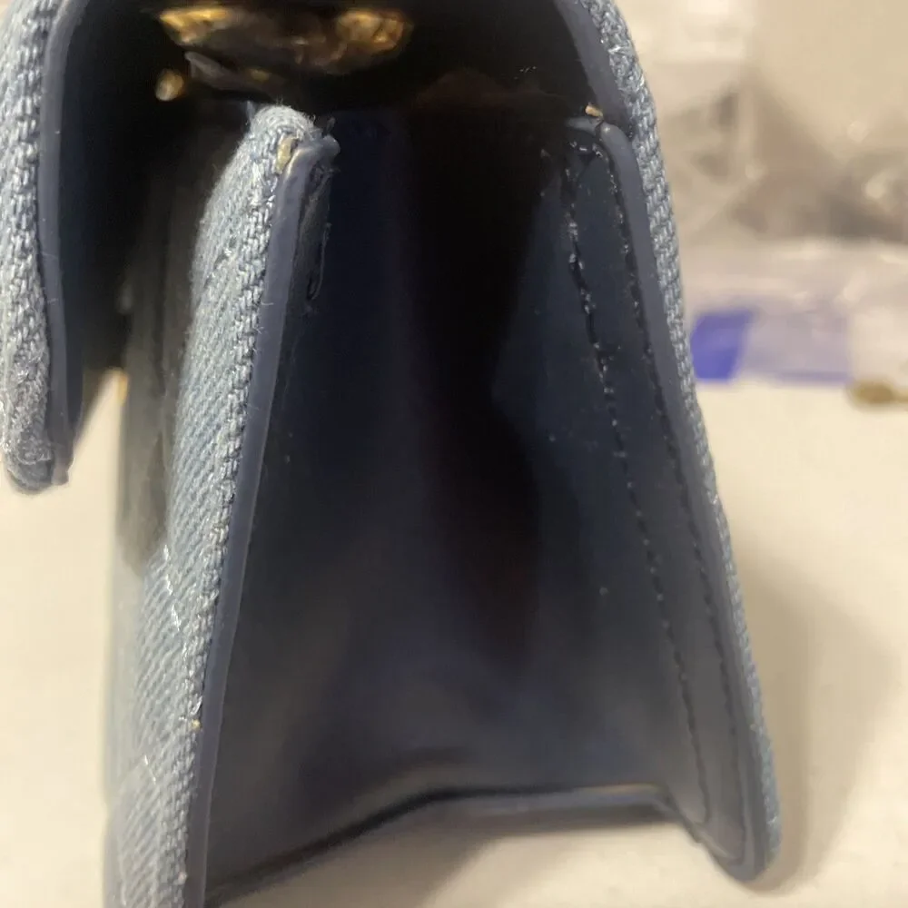 Badgley Mischka Quilted Blue Denim Crossbody Hand Bag Purse Gold Chain